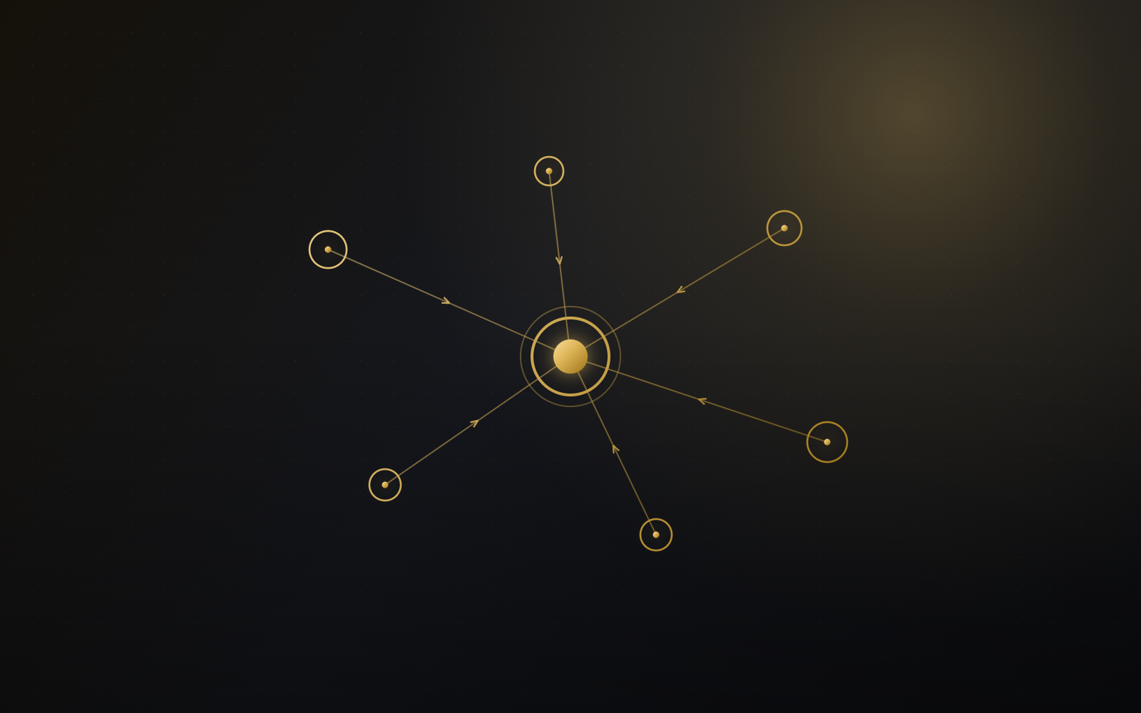 Gold line illustration of an AI agent network connecting autonomous nodes