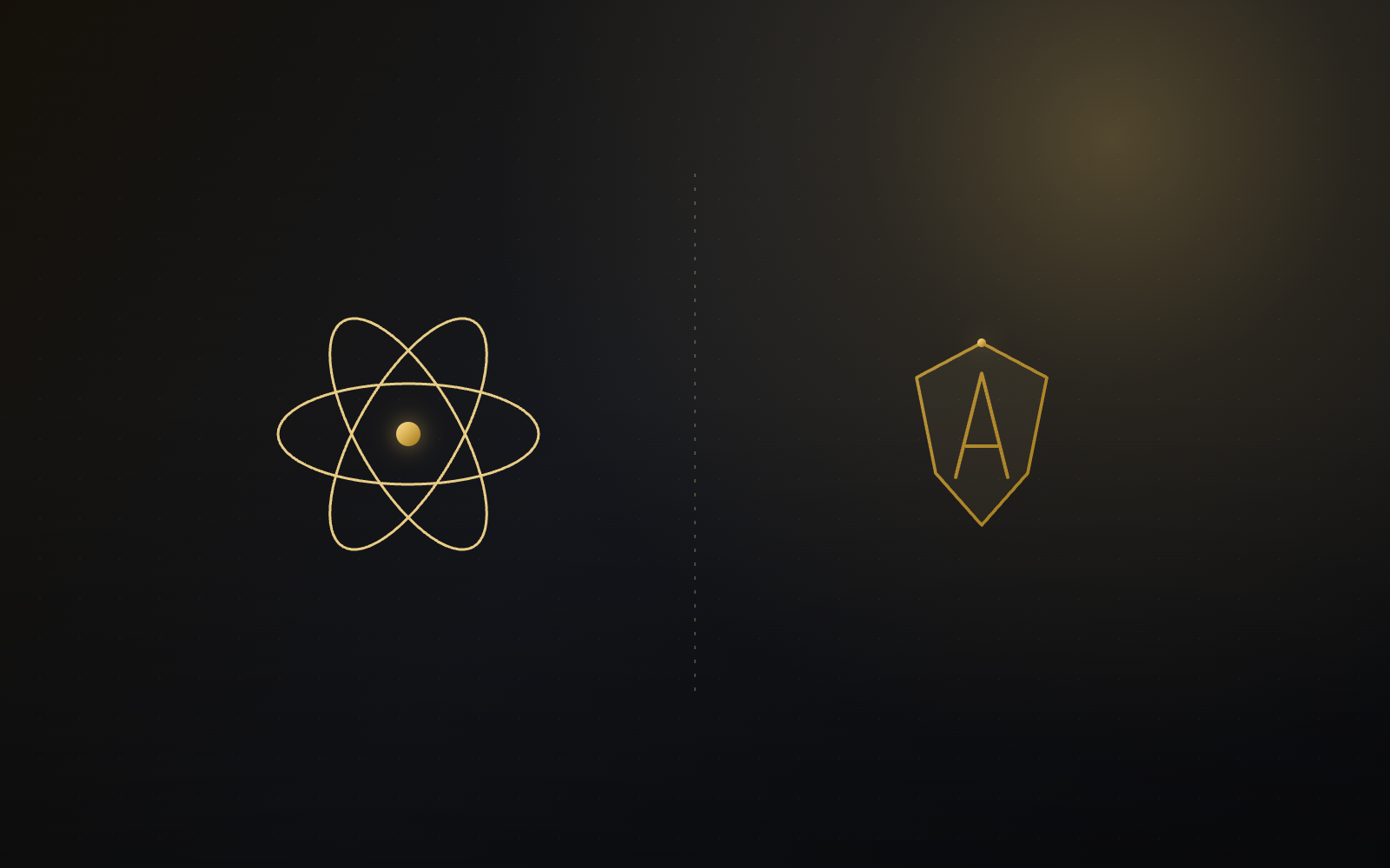 Gold illustration of a React atom beside an Angular shield