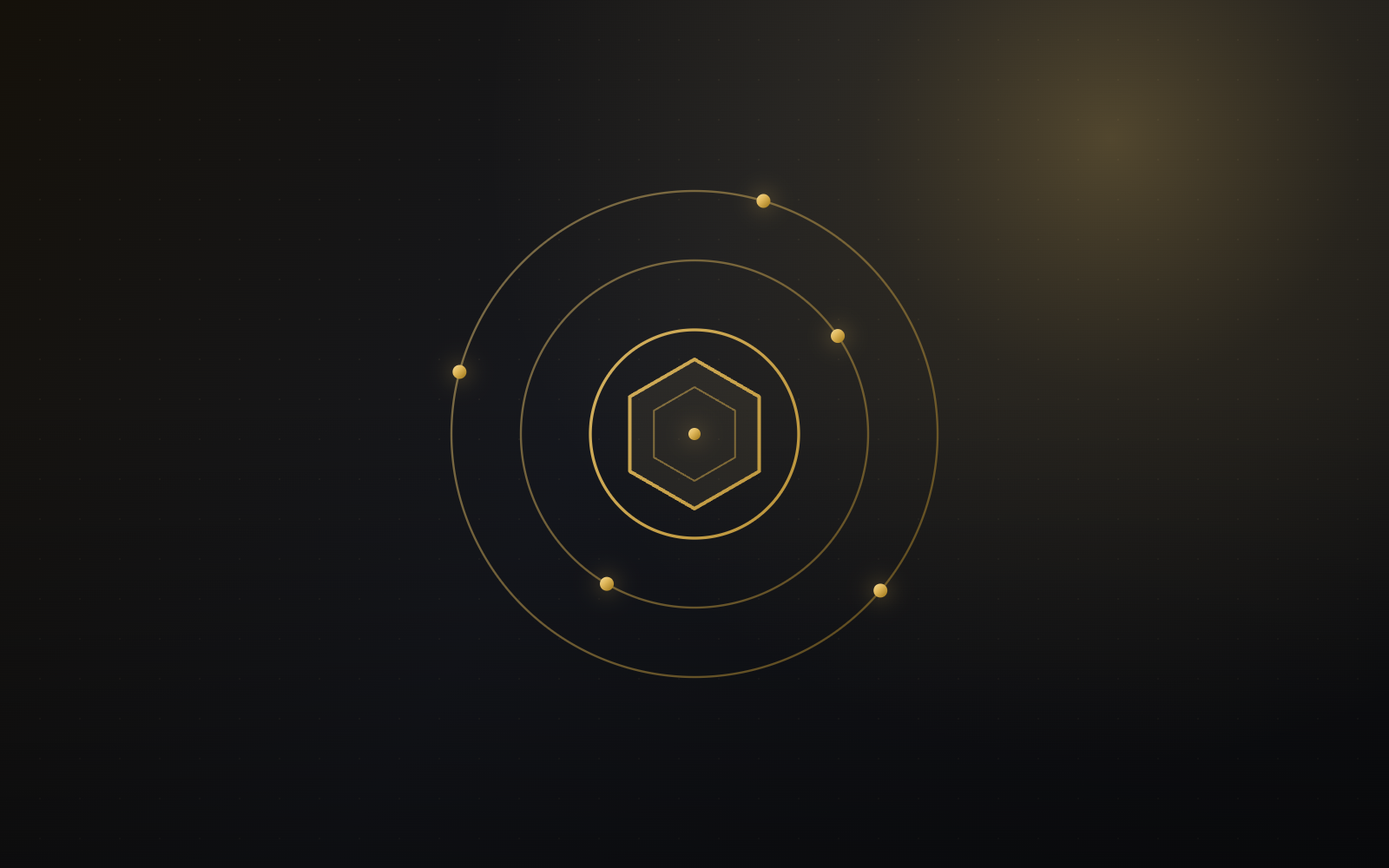 Gold event-loop illustration with a hexagon core representing Node.js