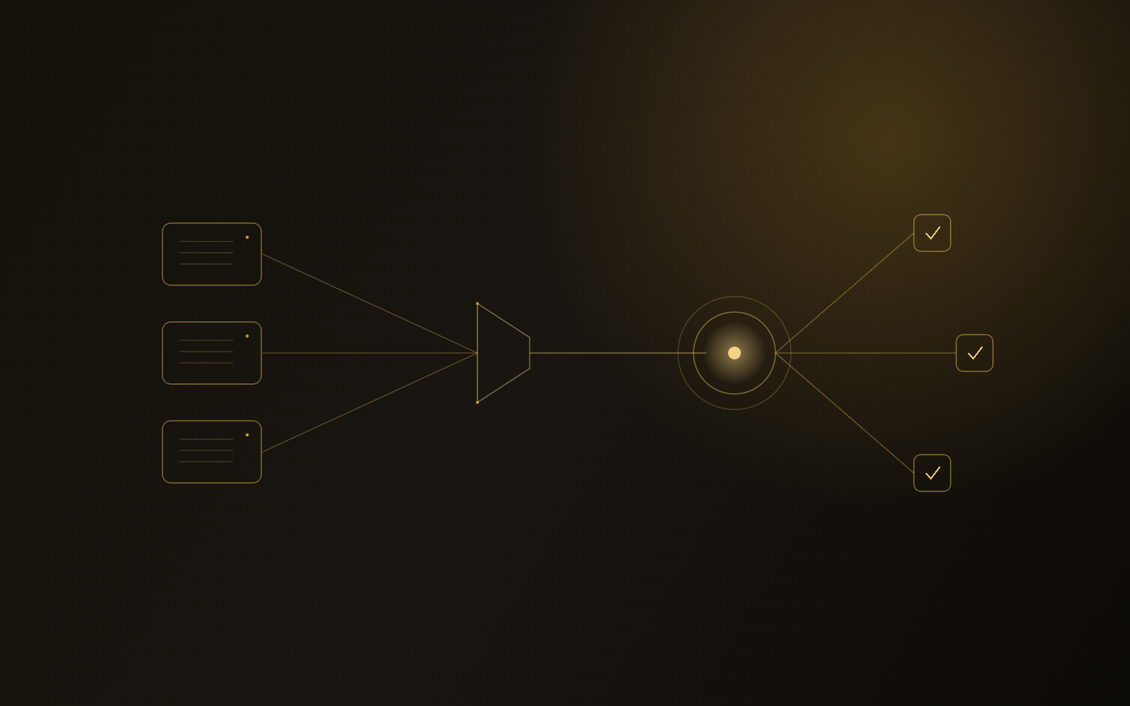 Gold illustration of document sources passing through a re-ranking gate into a glowing model core