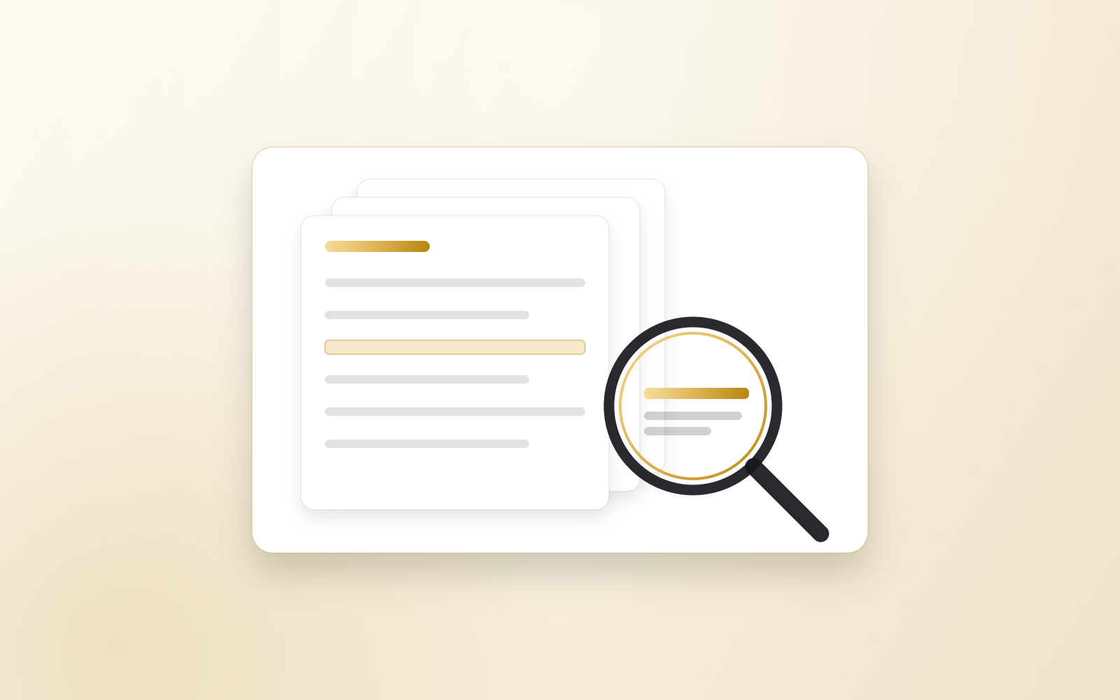 Product UI illustration of document cards with a magnifier highlighting a match